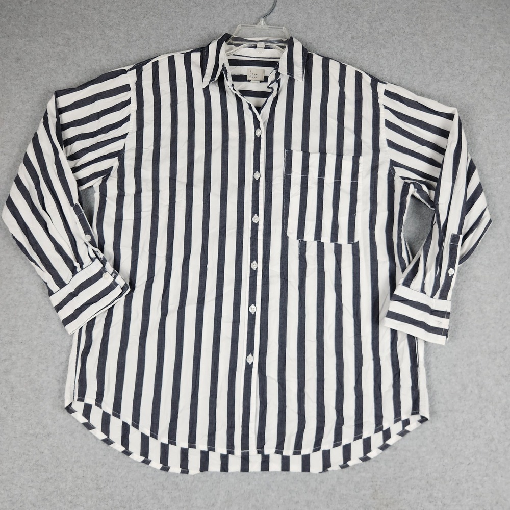 A New Day Shirt Womens S Black White Striped Long Sleeve Relaxed Fit Button Up